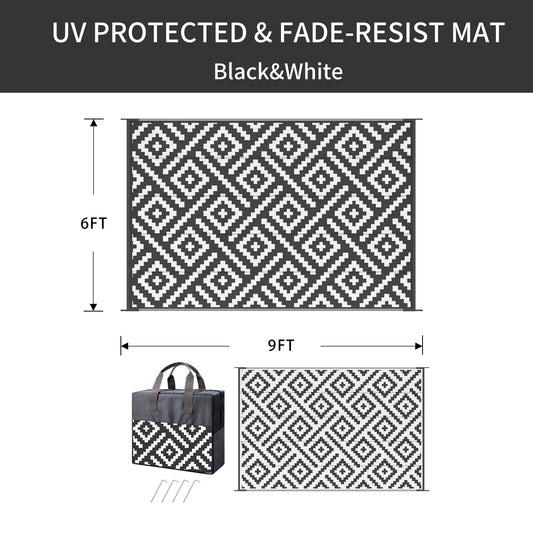 DEORAB Outdoor Rugs Waterproof Plastic Straw Mat 6'x9' Reversible for RV Patio Deck Beach Black & White