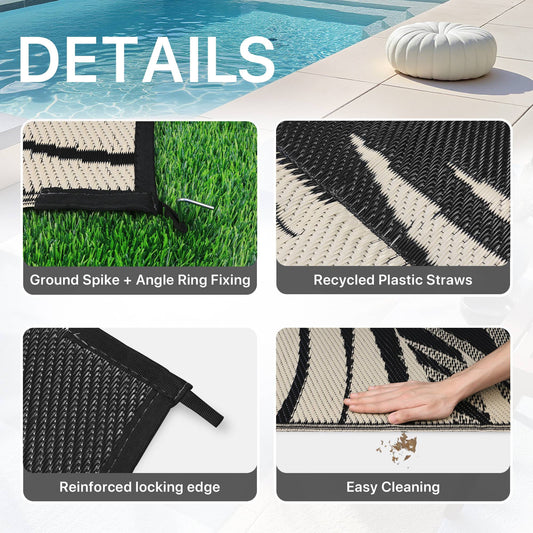 DEORAB Outdoor Rugs Patio Lightweight Waterproof Mat Plastic Rv Camper Outside Carpet,Black&Beige,8'x10'