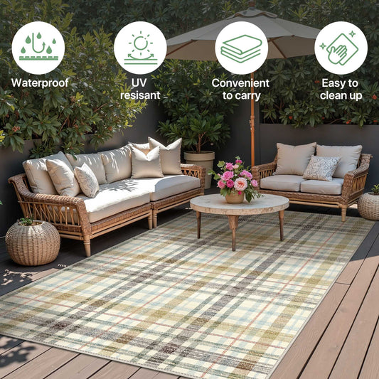 DEORAB Outdoor Rugs 2'X3' Chenille Patio Rug Three-Layer Material Imitation Silicone Spot Molding Camping Outside Rv Mat,Brown & Beige