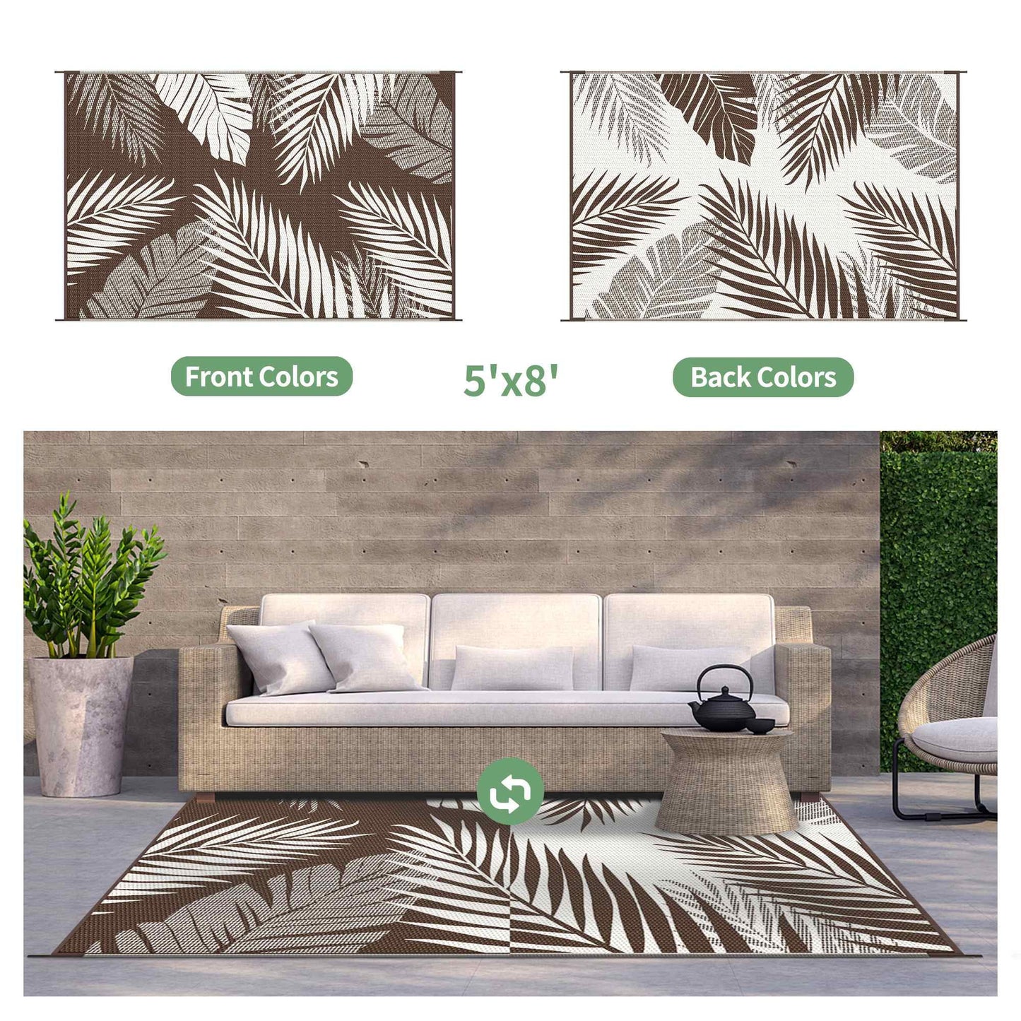 deorab 5'x8' outdoor rugs patio waterproof outside mat reversible plastic camping carpet,coffee & beige