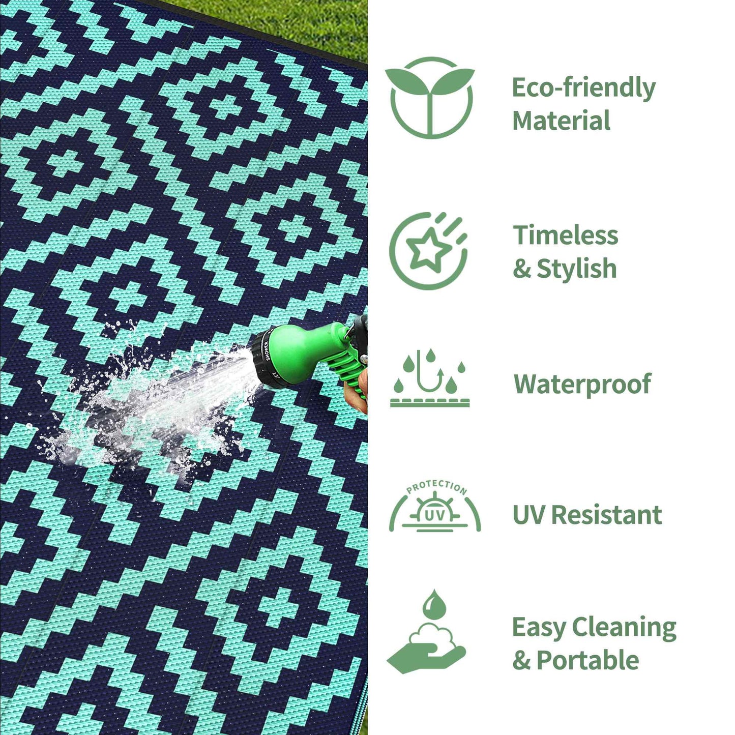 deorab 8'x10' outdoor patio clearance waterproof rug,reversible plastic camping mat,navy blue & jade green