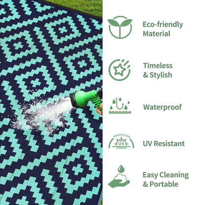 DEORAB 8'x10' Outdoor Patio Clearance Waterproof Rug,Reversible Plastic Camping Mat,Navy Blue & Jade Green