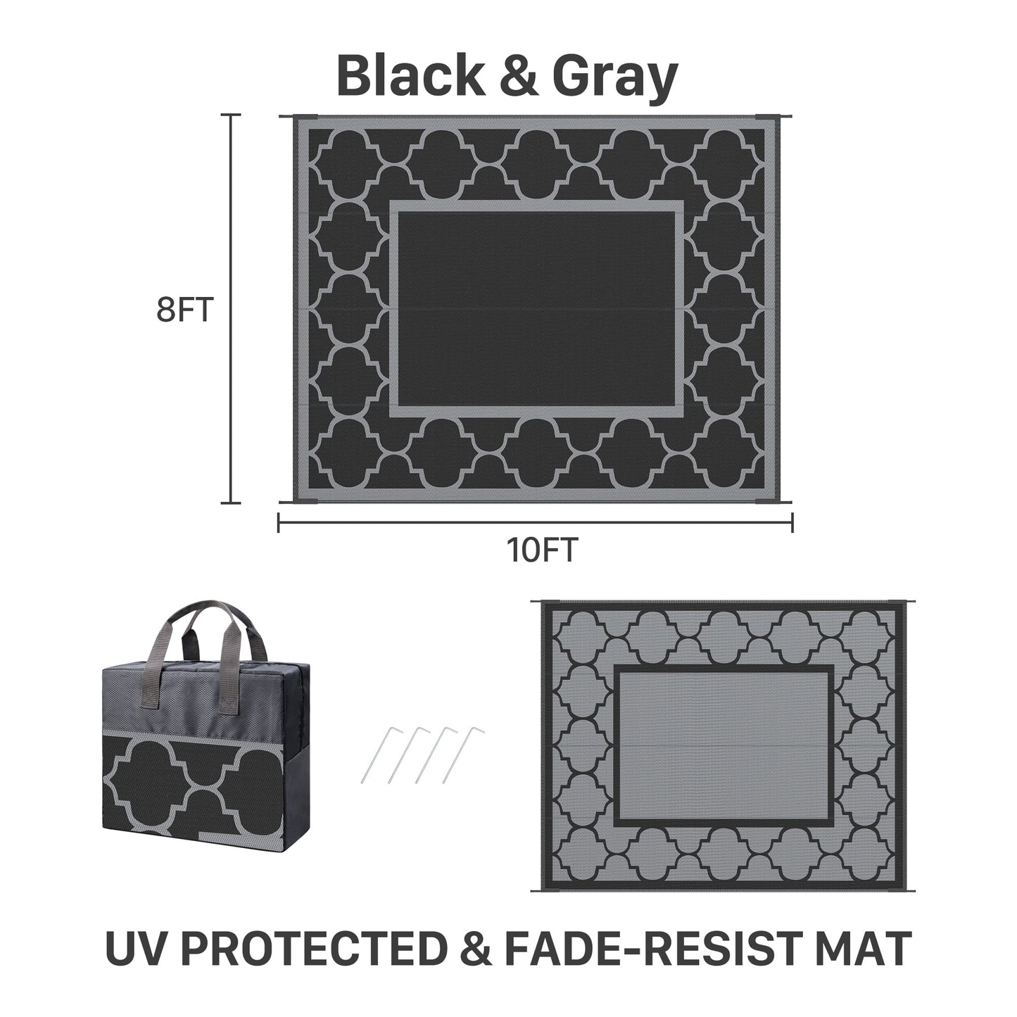 deorab outdoor rugs waterproof plastic straw mat 8'x10' reversible for rv patio deck beach black & gray