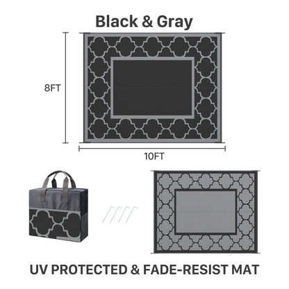 DEORAB Outdoor Rugs Waterproof Plastic Straw Mat 8'x10' Reversible for RV Patio Deck Beach black & Gray