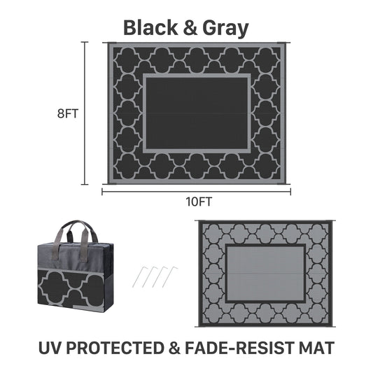 DEORAB Outdoor Rugs Waterproof Plastic Straw Mat 8'x10' Reversible for RV Patio Deck Beach black & Gray