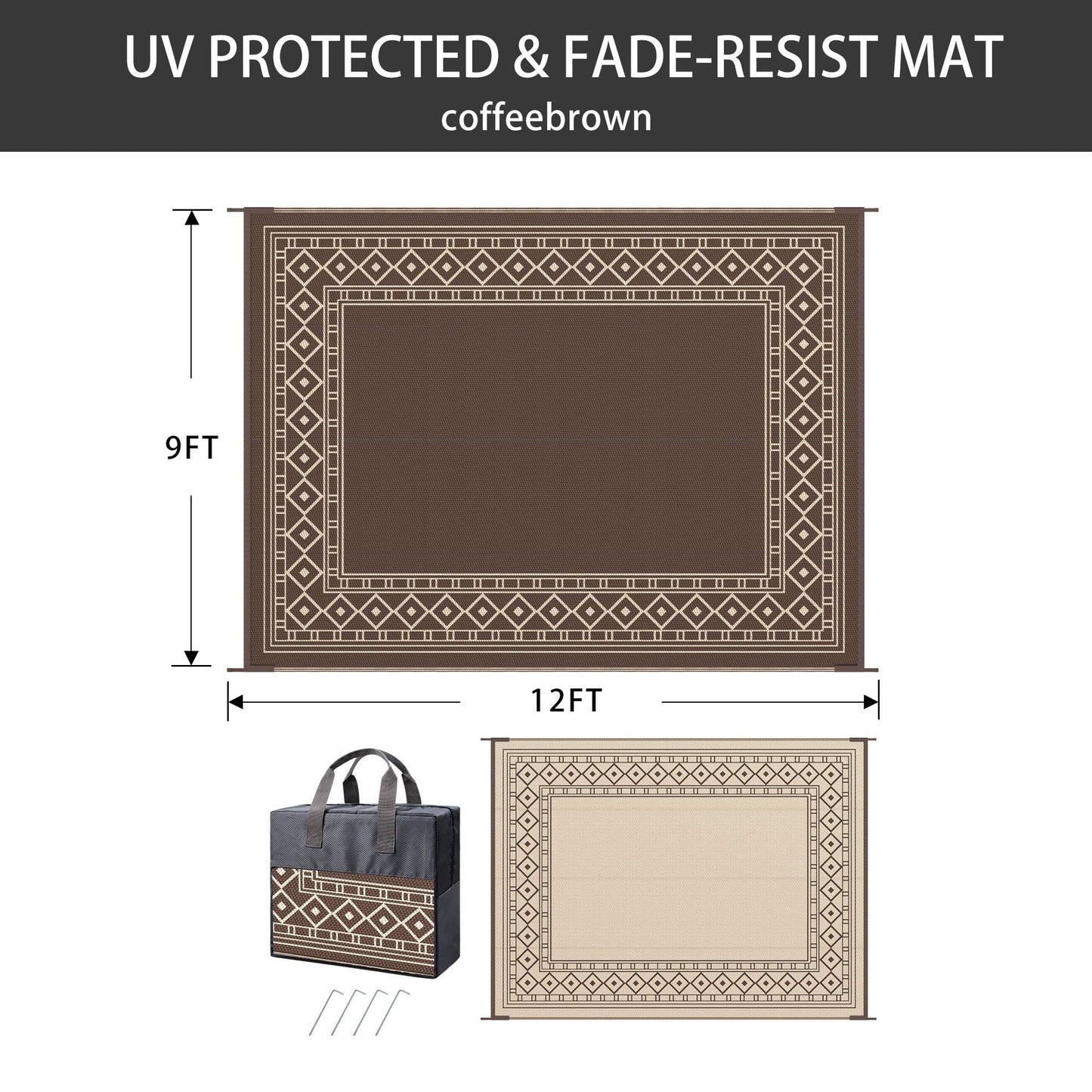 deorab 9'x12' outdoor rugs patio reversible plastic camping carpet waterproof outside mat,coffee & brown