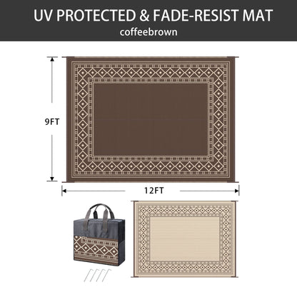 DEORAB 9'x12' Outdoor Rugs Patio Reversible Plastic Camping Carpet Waterproof Outside Mat,Coffee & Brown