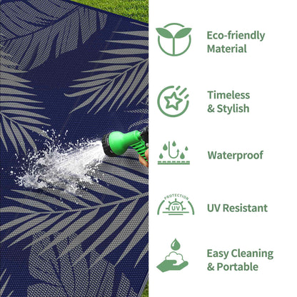 DEORAB 10'x14' Outdoor Rugs Patio Waterproof Outside Mat Reversible Plastic Camping Carpet,Blue & Grey