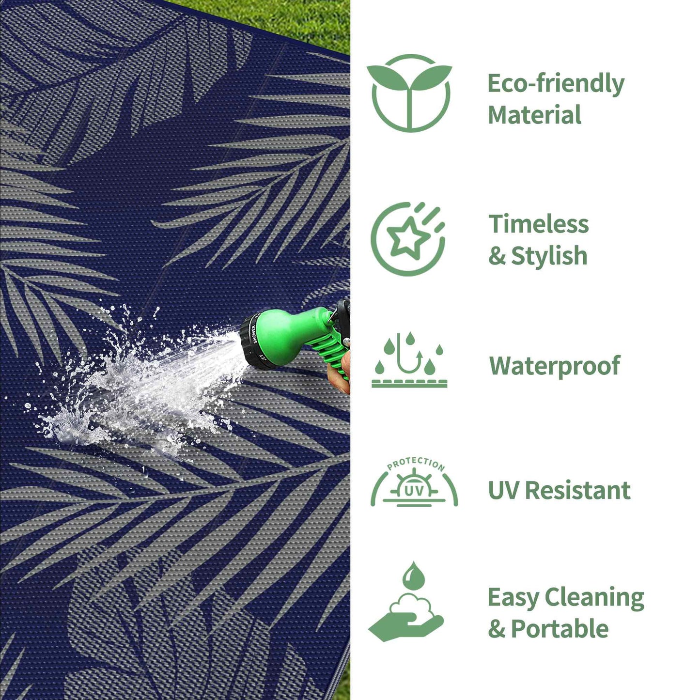 deorab 9'x12' outdoor rugs patio waterproof outside mat reversible plastic camping carpet,blue & grey