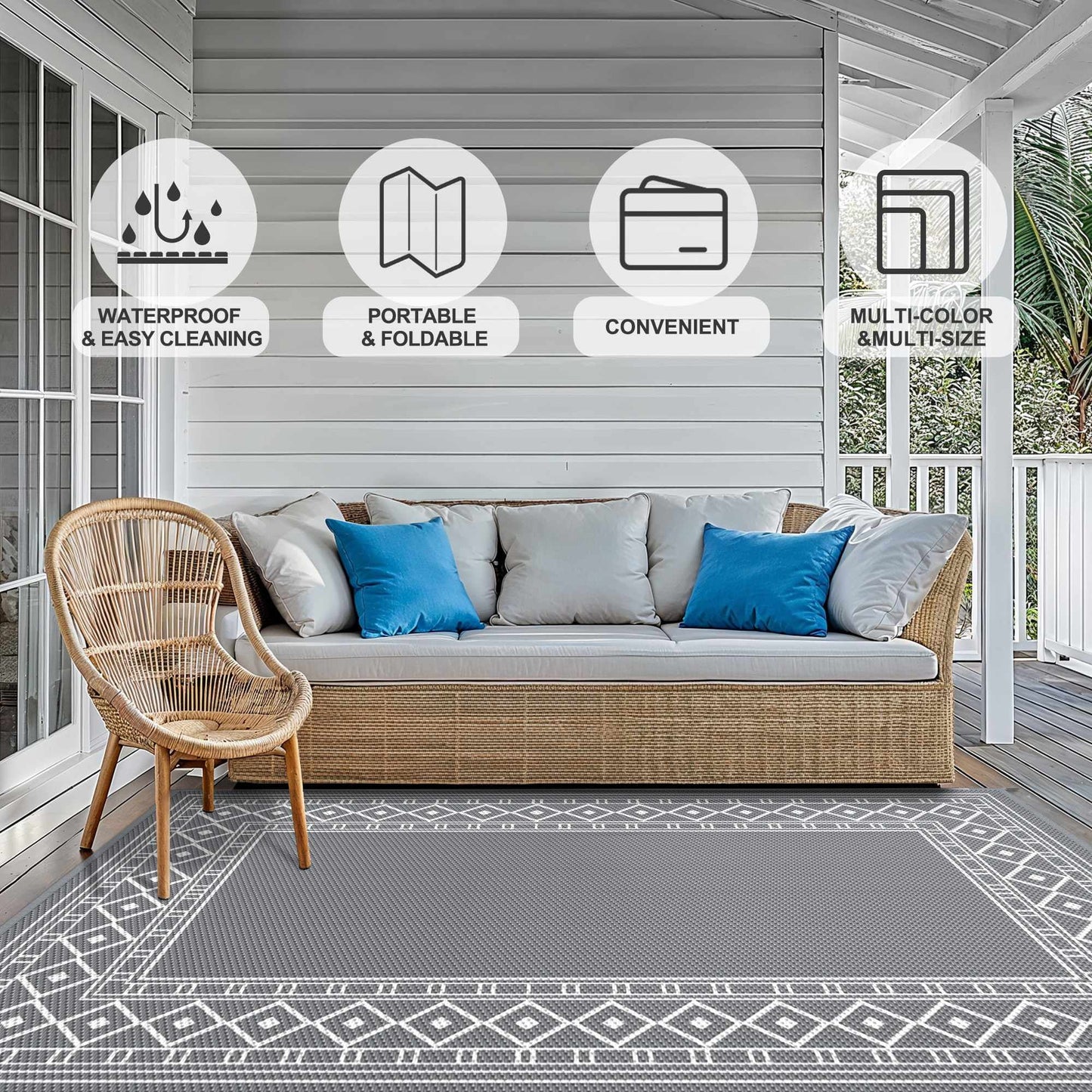 deorab 10'x14' outdoor rugs patio waterproof outside mat reversible plastic camping carpet,grey & white