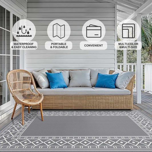 DEORAB 10'x14' Outdoor Rugs Patio Waterproof Outside Mat Reversible Plastic Camping Carpet,Grey & White