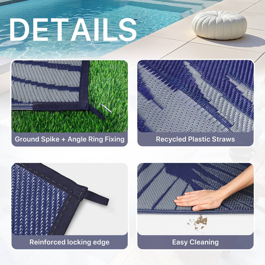 DEORAB 6'x9' Outdoor Rugs Patio Waterproof Outside Mat Reversible Plastic Camping Carpet,Blue & Grey