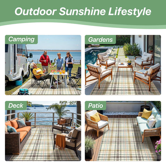 DEORAB Outdoor Rugs 5'X7' Chenille Patio Rug Three-Layer Material Imitation Silicone Spot Molding Camping Outside Rv Mat,Brown & Beige