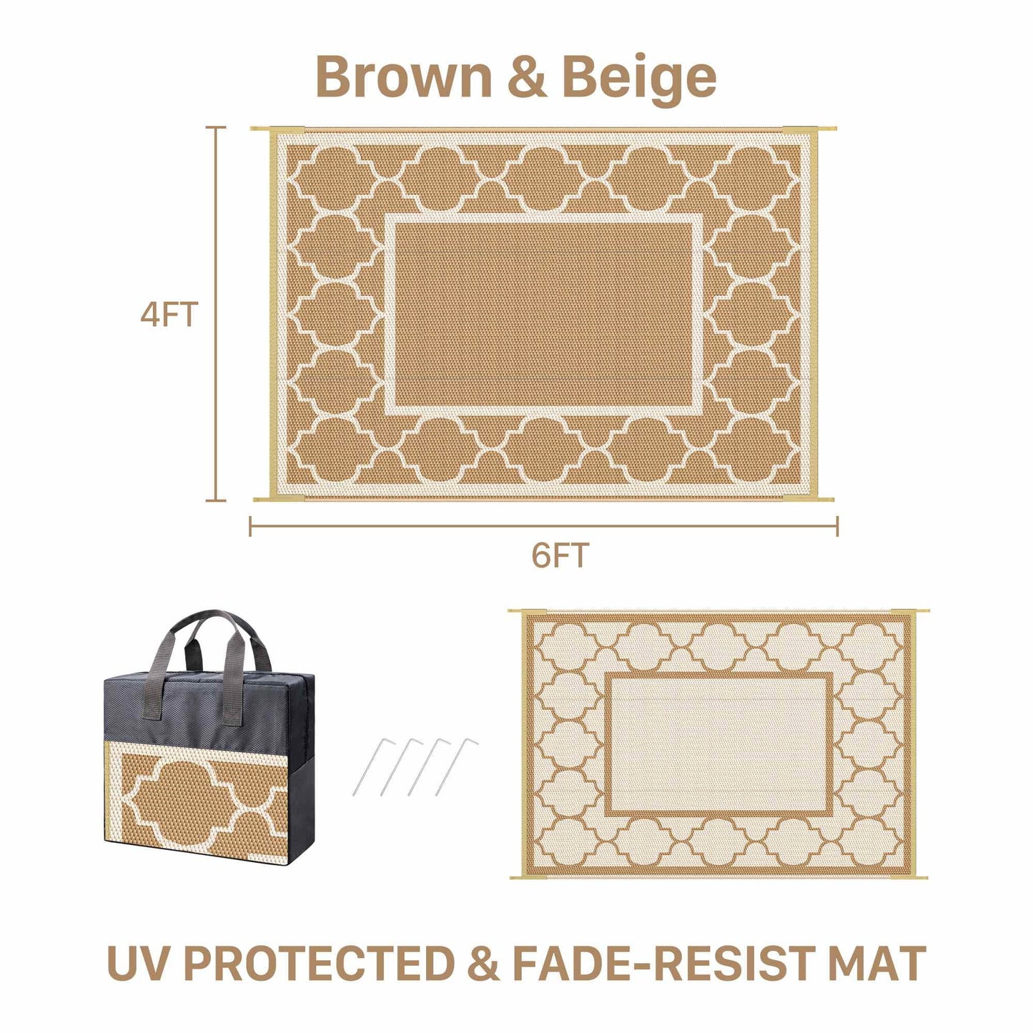 deorab outdoor rugs waterproof plastic straw mat 4'x6' reversible for rv patio deck beach brown & beige