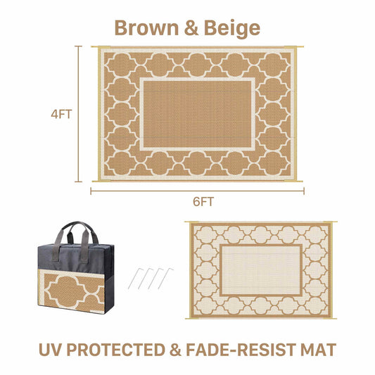 DEORAB Outdoor Rugs Waterproof Plastic Straw Mat 4'x6' Reversible for RV Patio Deck Beach Brown & Beige