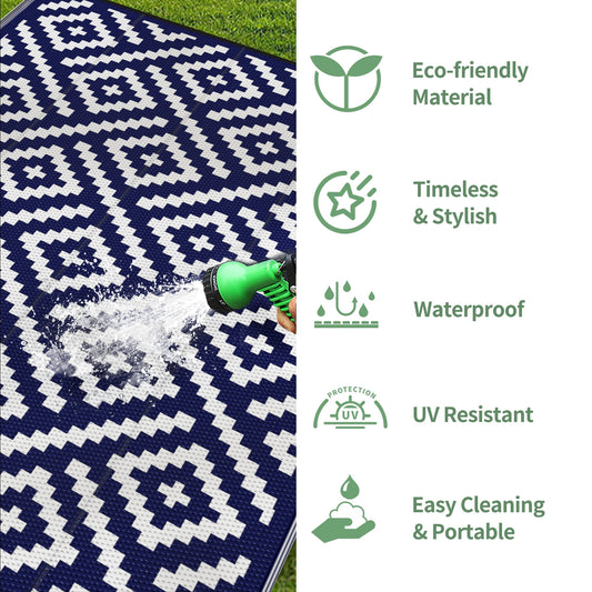 DEORAB 6'x9' Outdoor Rug Patio Clearance Waterproof Mat,Reversible Plastic Camping Nanyblue & White