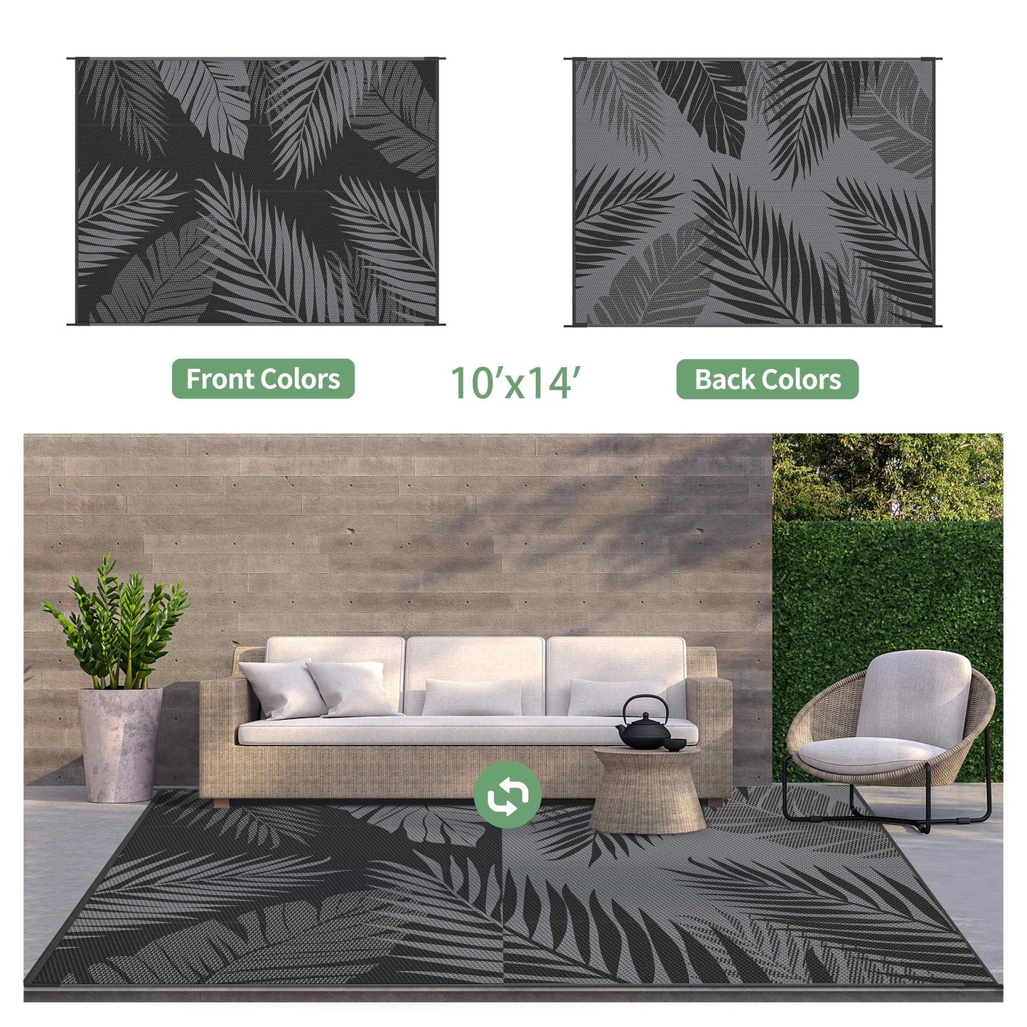 deorab 10'x14' outdoor rugs patio waterproof outside mat reversible plastic camping carpet,black & gray