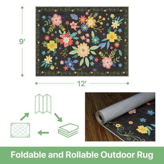 DEORAB 9'x 12' Outdoor Rug Chenille 3-Layers Patio Washable Mat Imitation Silicone Material Camping Garden RV Carpet,BLACK