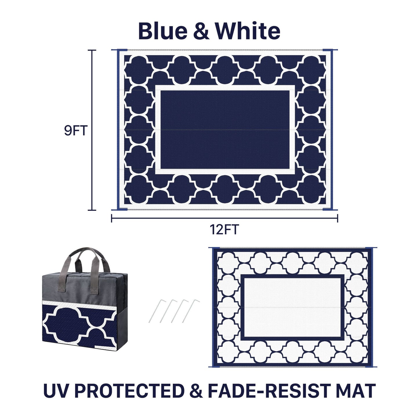 deorab outdoor rugs waterproof plastic straw mat 9'x12' reversible for rv patio deck beach blue & white