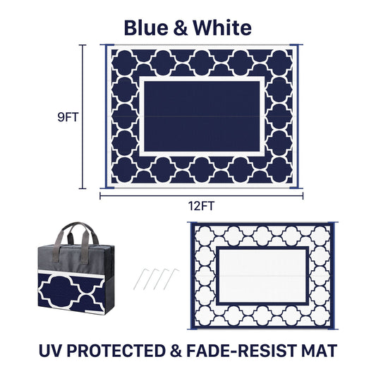 DEORAB Outdoor Rugs Waterproof Plastic Straw Mat 9'x12' Reversible for RV Patio Deck Beach Blue & White