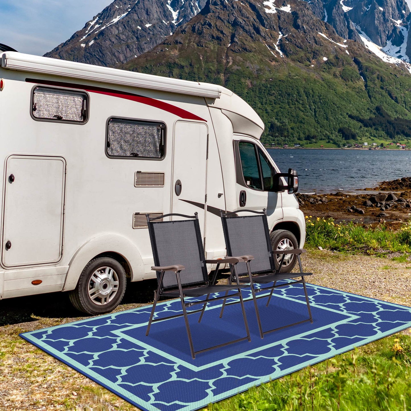 deorab 8'x10' outdoor rug clearance waterproof patio mat reversible plastic camping carpet,royal blue & blue green