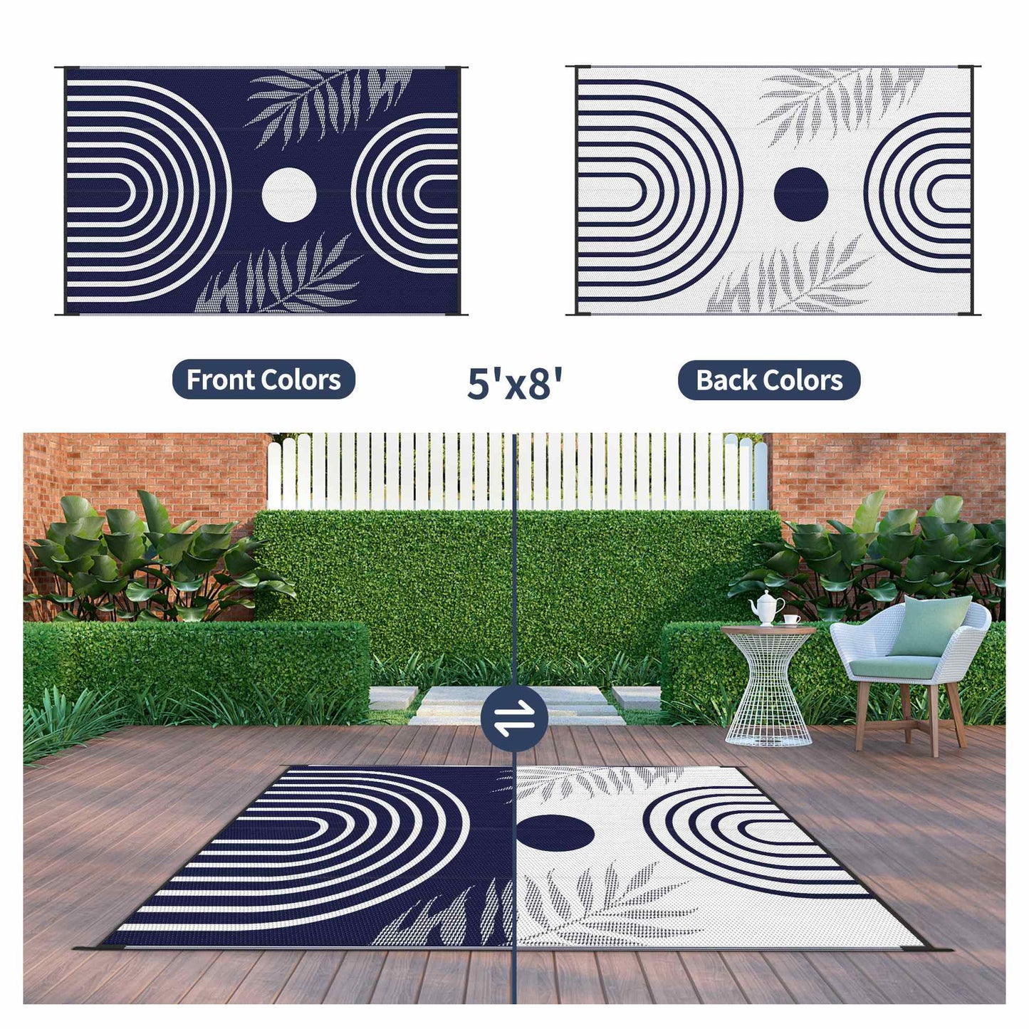 deorab outdoor rugs waterproof plastic straw mat 5'x8' reversible for rv patio deck beach blue & white