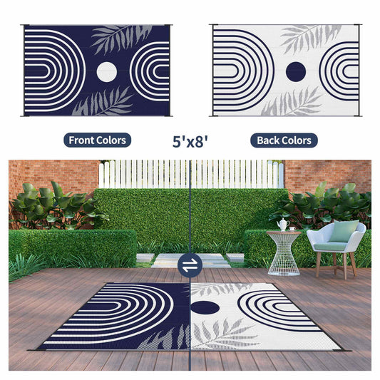 DEORAB Outdoor Rugs Waterproof Plastic Straw Mat 5'x8' Reversible for RV Patio Deck Beach Blue & White