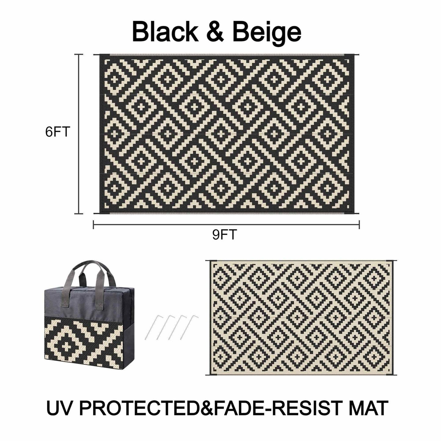 deorab outdoor rug patio clearance,6'x9' waterproof mat,reversible plastic camping black & beige