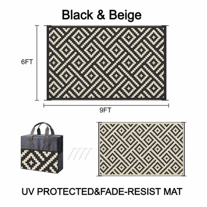 DEORAB Outdoor Rug Patio Clearance,6'x9' Waterproof Mat,Reversible Plastic Camping Black & Beige