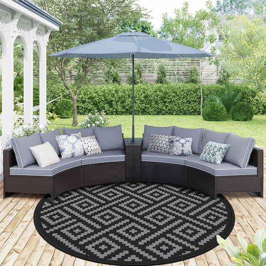 DEORAB Outdoor Rugs Waterproof Plastic Straw Mat 6'x6' Reversible for RV Patio Deck Beach Black & Gray