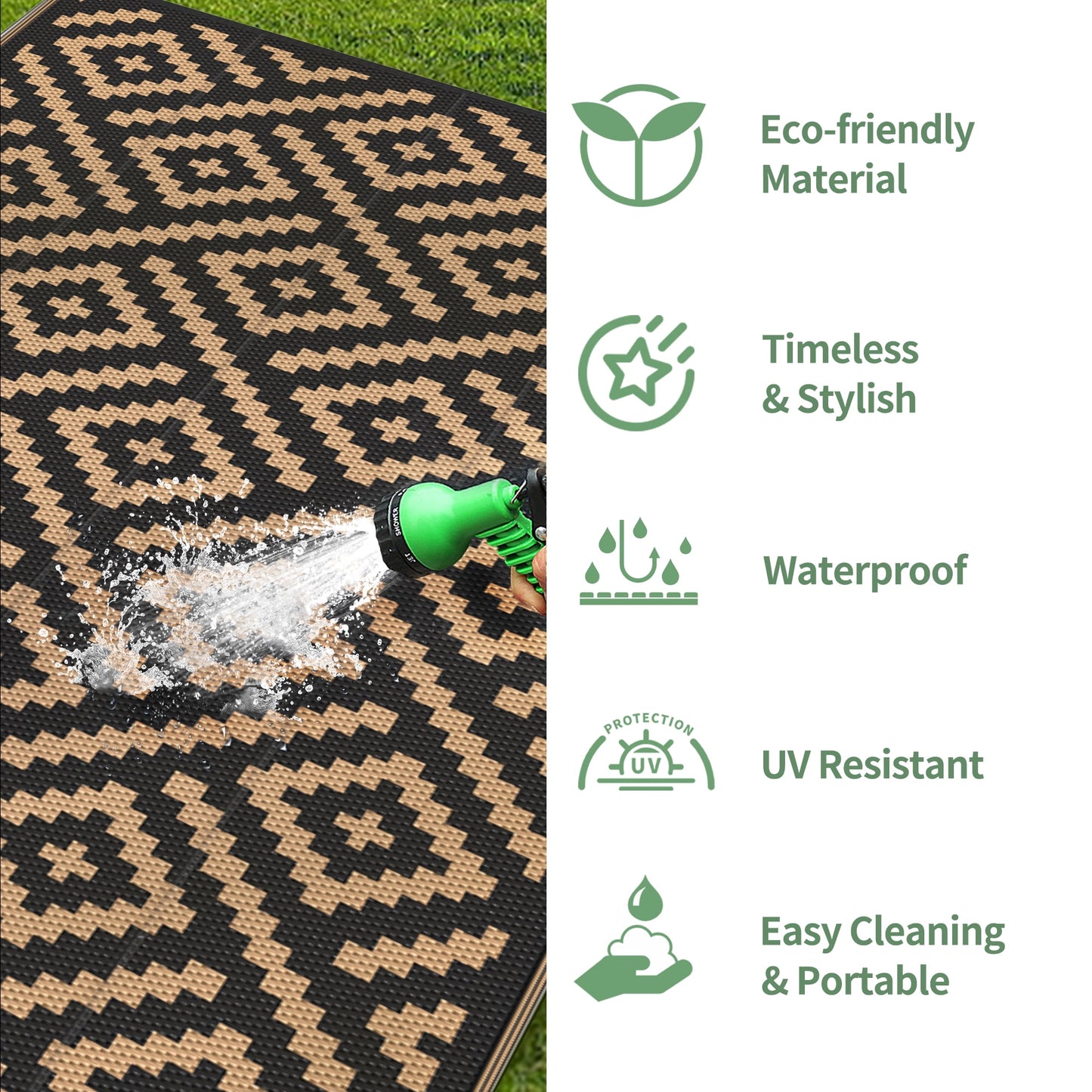 deorab outdoor rugs waterproof plastic straw mat 9'x12' reversible for rv patio deck beach black & brown