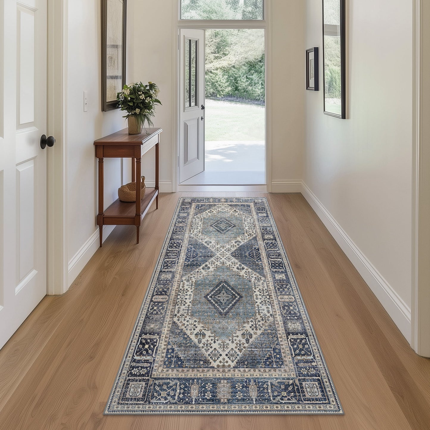 deorab runner rug 2x10 non slip hallway vintage rugs, machine washable lightweight mat for living room, entryway, bedroom, kitchen and passage, ultra-thin,blue
