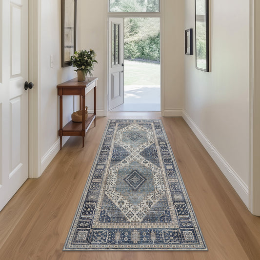 DEORAB Runner Rug 2X10 Non Slip Hallway Vintage Rugs, Machine Washable Lightweight Mat for Living Room, Entryway, Bedroom, Kitchen and Passage, Ultra-Thin,Blue