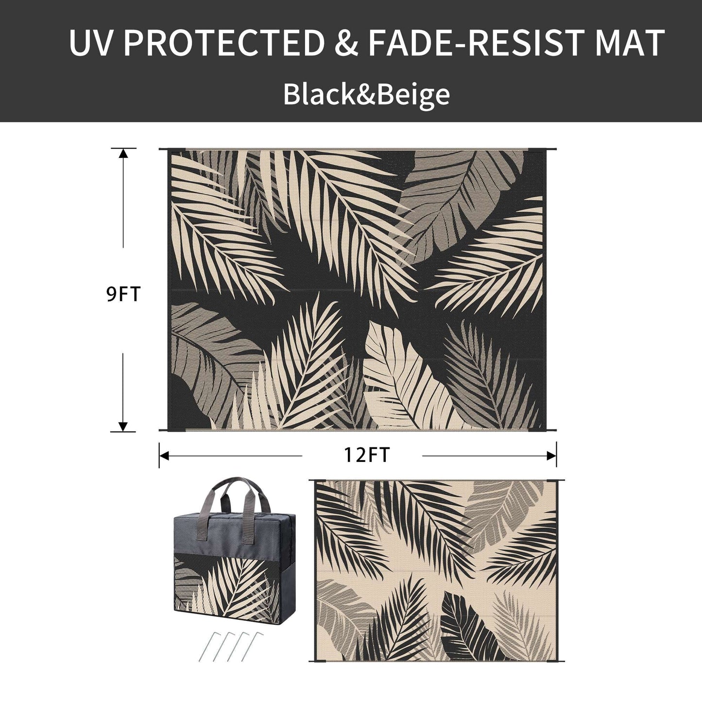 deorab outdoor rugs patio lightweight waterproof mat plastic rv camper outside carpet,black&beige,9'x12'