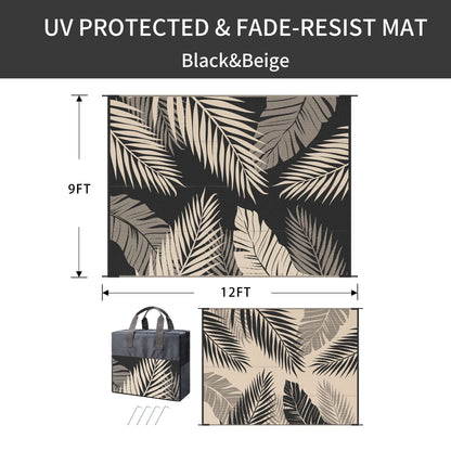 DEORAB Outdoor Rugs Patio Lightweight Waterproof Mat Plastic Rv Camper Outside Carpet,Black&Beige,9'x12'