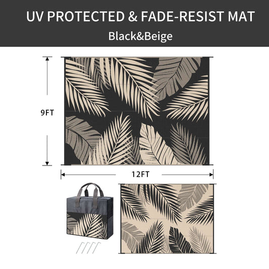 DEORAB Outdoor Rugs Patio Lightweight Waterproof Mat Plastic Rv Camper Outside Carpet,Black&Beige,9'x12'