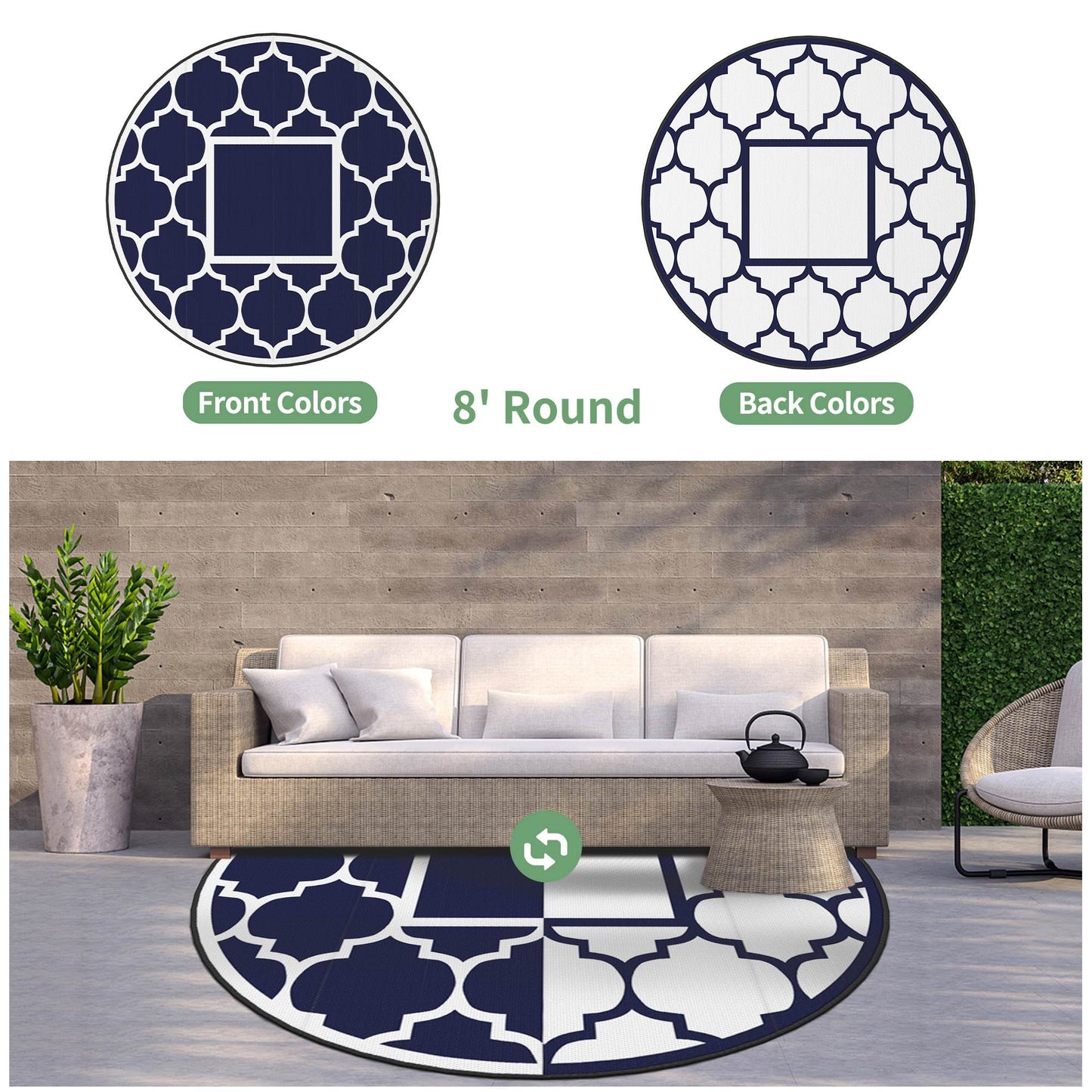 deorab outdoor rugs waterproof plastic straw mat 8'x8' reversible for rv patio deck beach blue & white