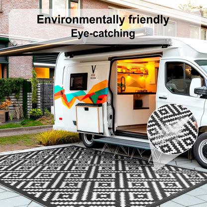 DEORAB Outdoor Rugs Waterproof Plastic Straw Mat 9'x12' Reversible for RV Patio Deck Beach Black & White