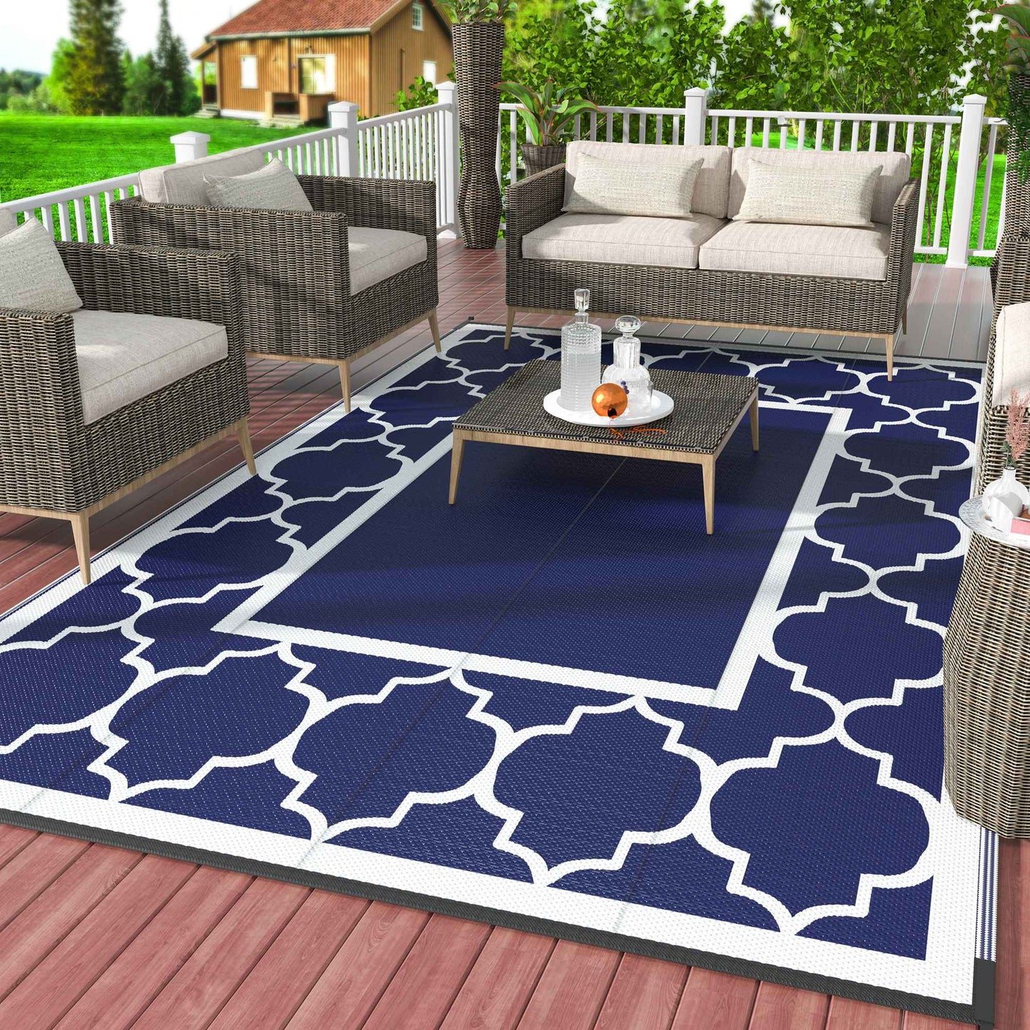 deorab outdoor rugs waterproof plastic straw mat 8'x10' reversible for rv patio deck beach blue & white