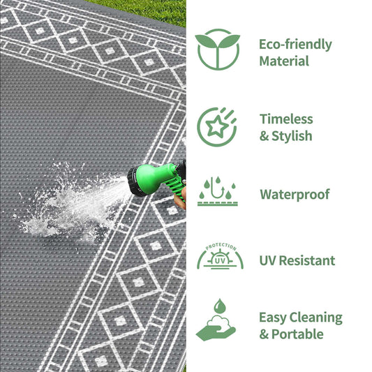 DEORAB Outdoor Rugs Waterproof Plastic Straw Camping Carpet Reversible Patio Outside Mat 5'x8',Grey & White