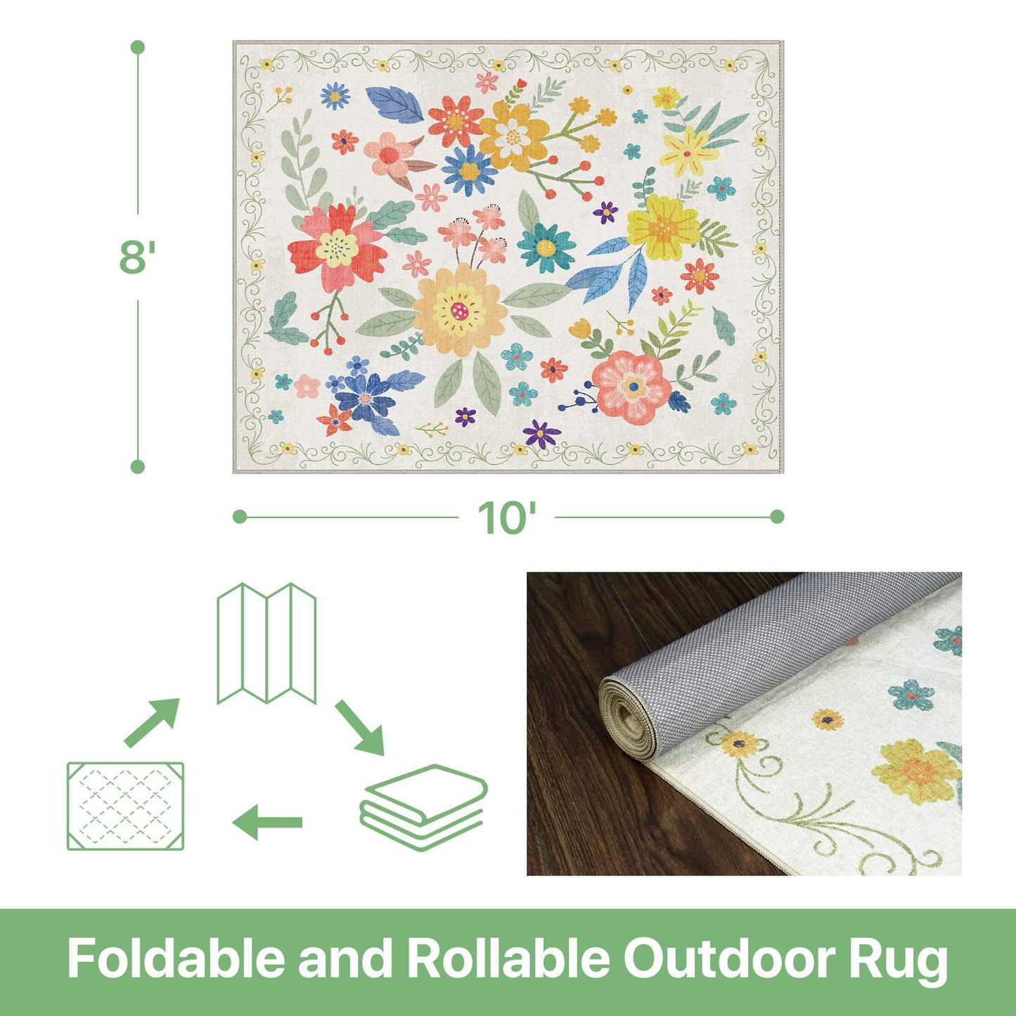 deorab 8'x 10' outdoor rug chenille 3-layers patio washable mat imitation silicone material camping porch deck carpet,softwhite