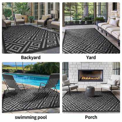DEORAB Outdoor Rugs Waterproof Plastic Straw Mat 8'x10' Reversible for RV Patio Deck Beach Black & Gray