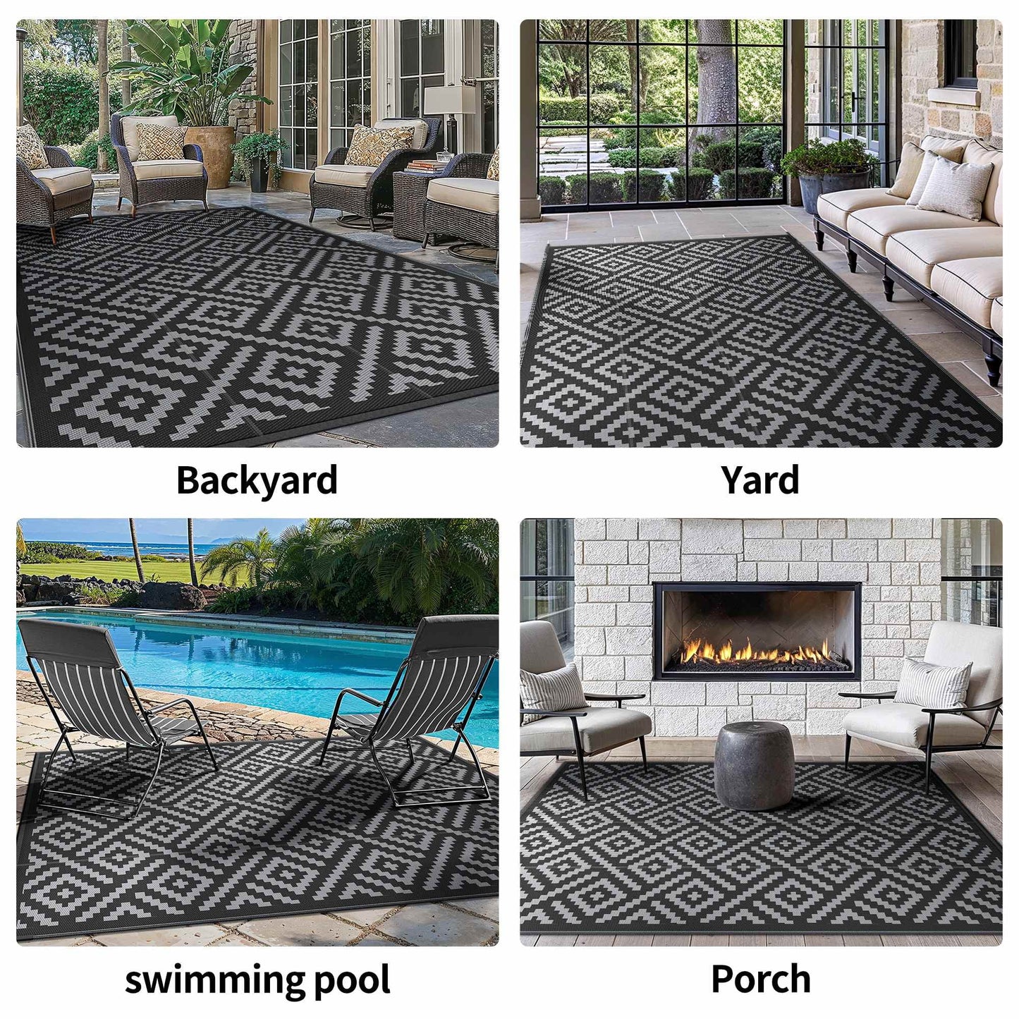 deorab outdoor rugs waterproof plastic straw mat 5'x8' reversible for rv patio deck beach black & gray
