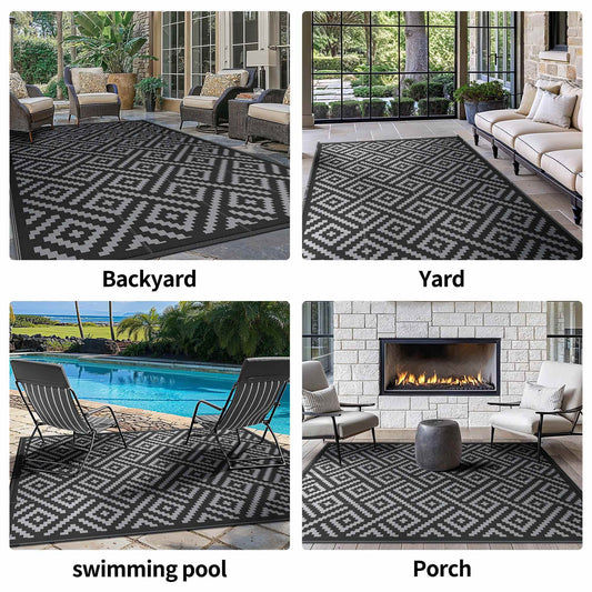 DEORAB Outdoor Rugs Waterproof Plastic Straw Mat 5'x8' Reversible for RV Patio Deck Beach Black & Gray