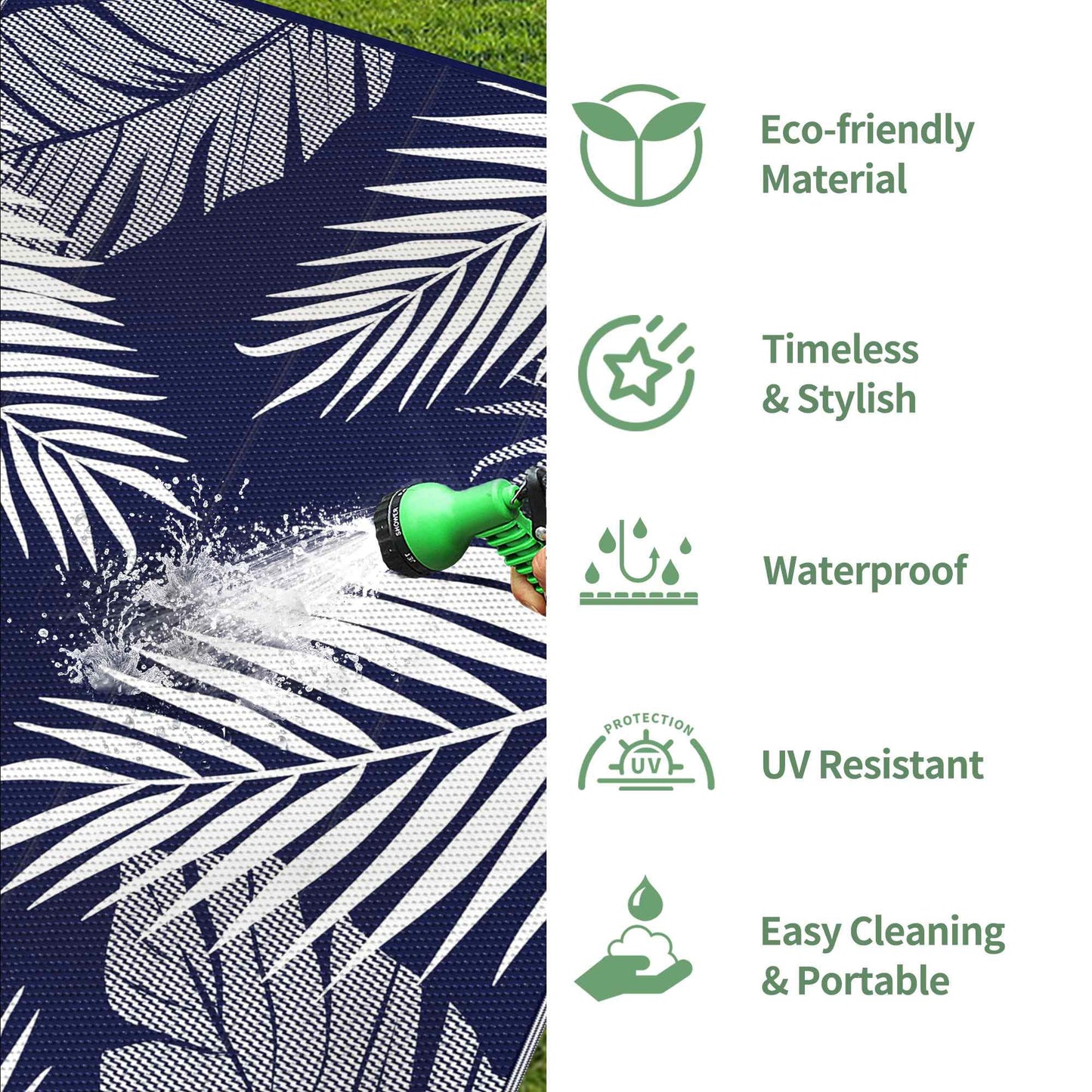 deorab 10'x14' outdoor rugs patio waterproof outside mat reversible plastic camping carpet,navy blue & white