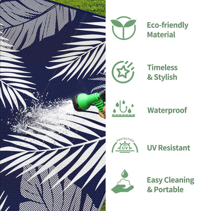 DEORAB 9'x12' Outdoor Rugs Patio Waterproof Outside Mat Reversible Plastic Camping Carpet,Navy blue & White