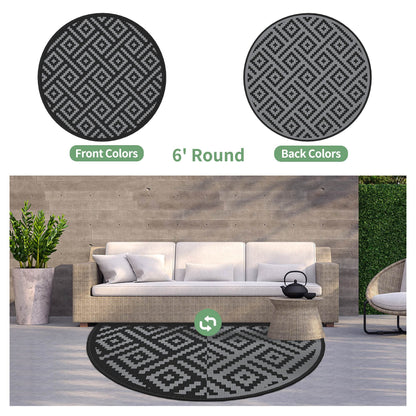 DEORAB Outdoor Rugs Waterproof Plastic Straw Mat 6'x6' Reversible for RV Patio Deck Beach Black & Gray