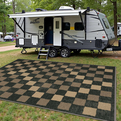 DEORAB Outdoor Rugs 8'X10' Chenille Patio Rug Three-Layer Material Imitation Silicone Spot Molding Camping Outside Rv Mat,BLACK & BROWN