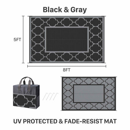 DEORAB Outdoor Rugs Waterproof Plastic Straw Mat 5'x8' Reversible for RV Patio Deck Beach Black & Gray