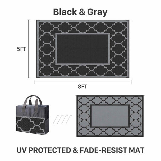 DEORAB Outdoor Rugs Waterproof Plastic Straw Mat 5'x8' Reversible for RV Patio Deck Beach Black & Gray